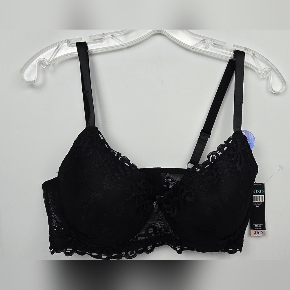 XOXO Intimates Sexy Push-Up Padded Bra Women's 36D Lace Fringe Black